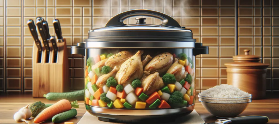 Schnellkochtopf Haehnchen mit Gemuese und Reis